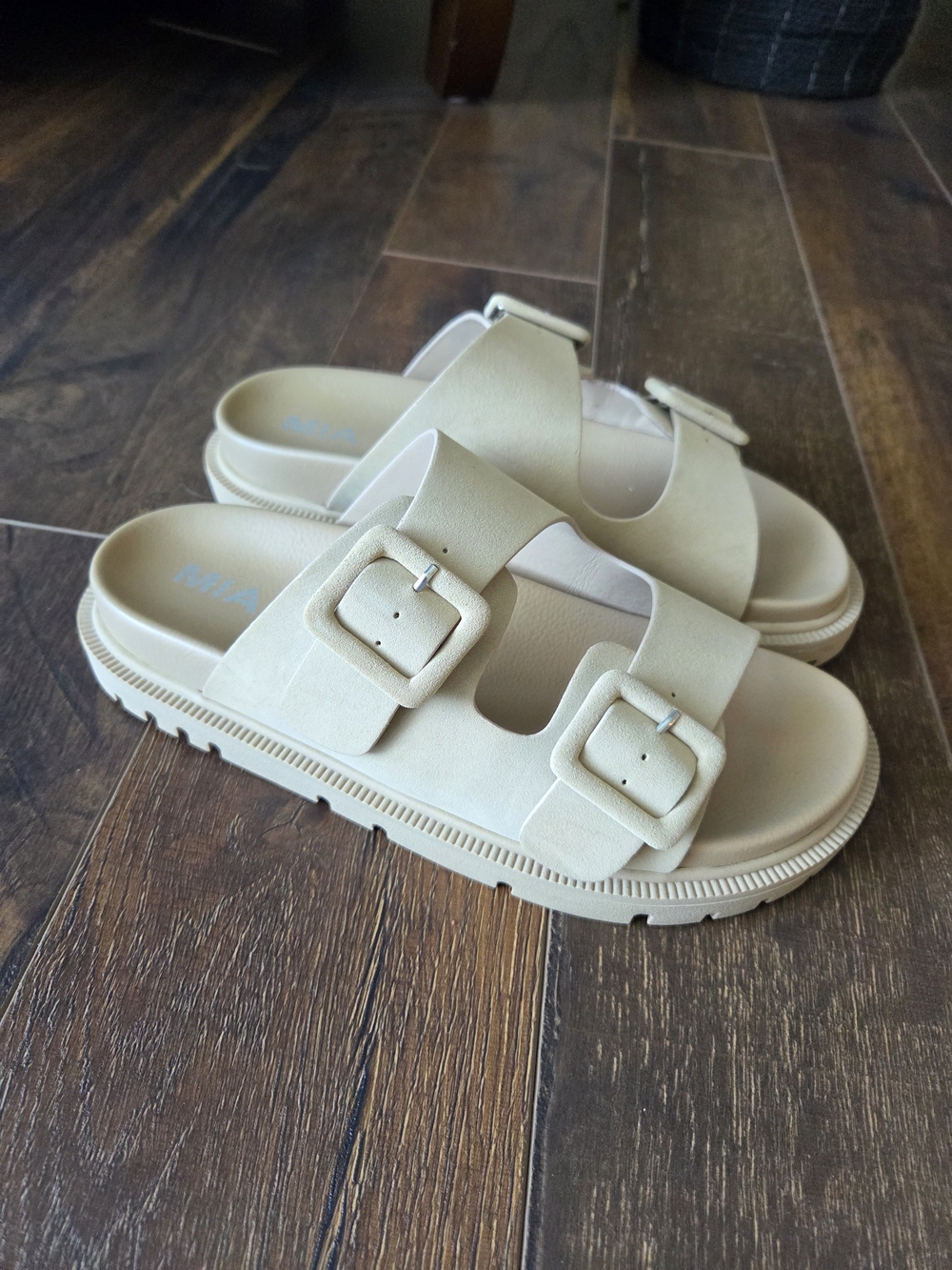 Beige Double-Buckle Slide Sandals